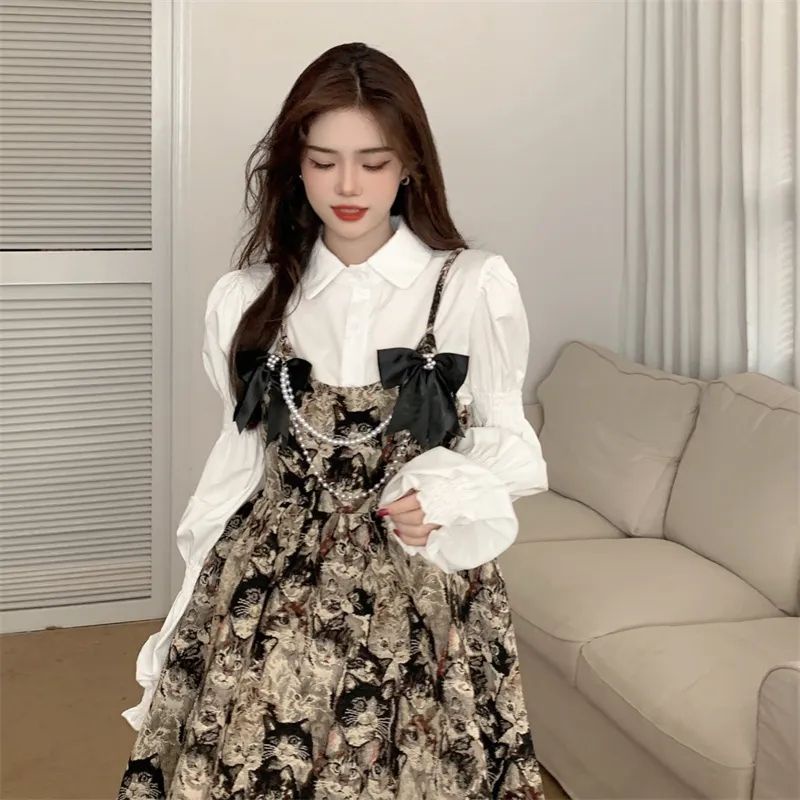 2023Setelan Dua Potong Gaya Klasik, Gaun Tali Kucing Gaya Barat Kemeja Putih midi dress korea dress