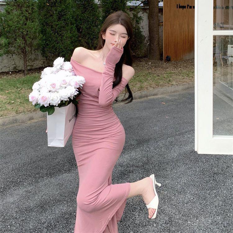 Gaun Lengan Panjang Tanpa Tali, Merah Muda Lipit Pinggang Rok Selubung Panjang Setengah midi dress k