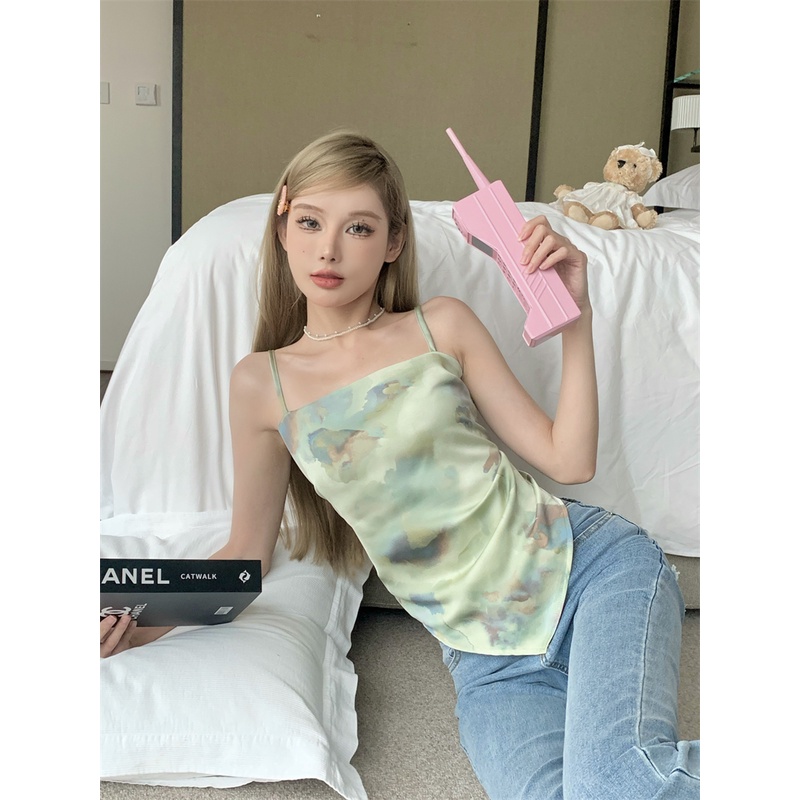 ✣﹍¤Suhao babes oil painting camisole women s summer short irregular backless bow with sexy blouse and crop top sexy tank top wanita motif