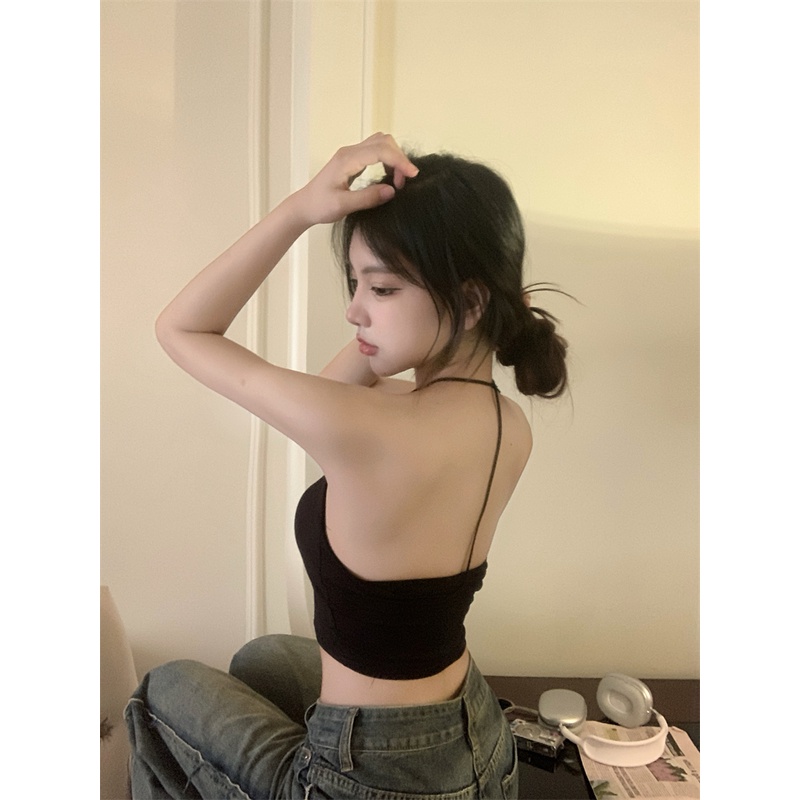 ⊙✠Suhao American sweet hot girl beautiful back sling camisole underwear women summer black with chest pad inner wear short top crop top sexy tank top wanita motif