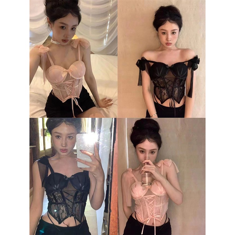 ☾◊♞Suhao Sweet Babes Renda Hitam Kamisol Wanita Musim Panas Keinginan Murni Seksi Tali Tulang Ikan Bagian Dalam Memakai Atasan Pendek Crop Top Seksi tank Top Wanita Motif