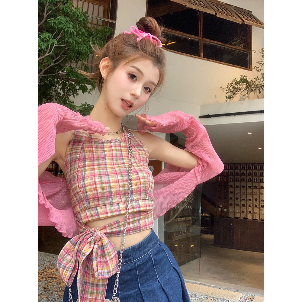 ☞❀Suhao Sweet Spice Girls Retro Stripe Halter Neck Kamisol Musim Panas Wanita Bertali Desain Selera Niche Atasan Pendek Pakaian Luar Crop Top Sexy Tank Top Wanita Motif