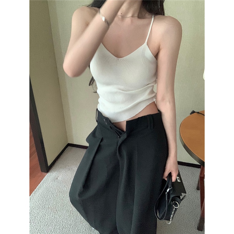 ﹊▣Suhao manis hot gadis rajutan kamisol wanita musim panas keinginan murni gaya slim sexy bottoming kemeja pendek top pakaian luar crop top sexy tank top wanita motif