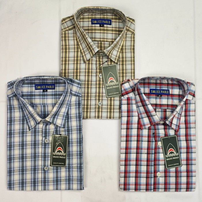 kemeja pria Kemeja Pria Salice Paolo Lengan Pendek Reguler Motif Kotak Armor - Bernicky Biru, M(C6H8