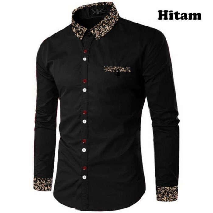 kemeja pria Kemeja Pria Kombinasi Batik Lengan Panjang Riko Hem Cowok Kondangan - Hitam, Standart(K5