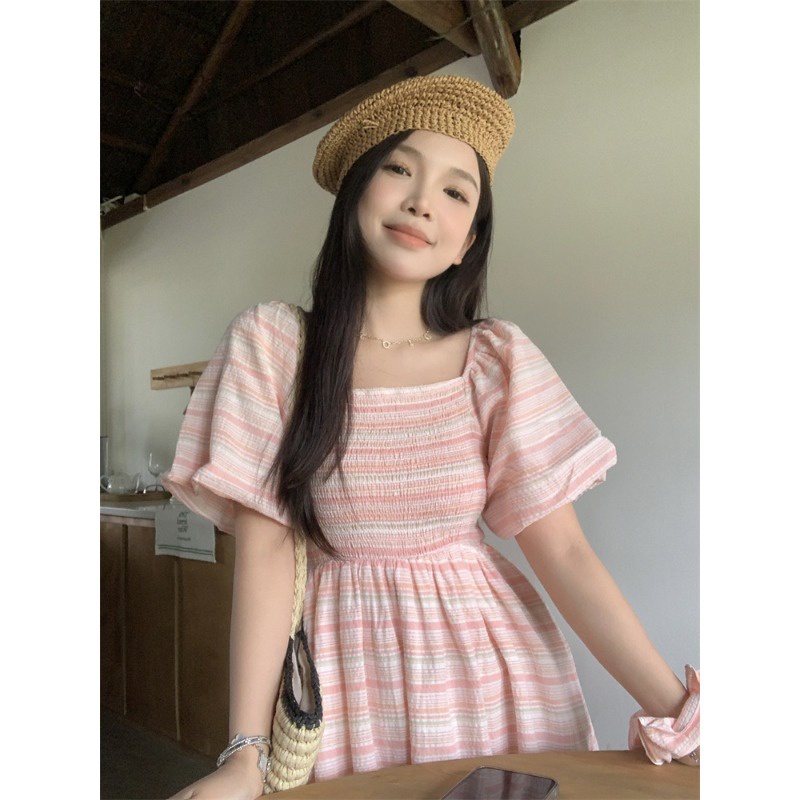 Red dreesGaun lengan engah kerah persegi bergaris pengurangan usia yang manis untuk wanita pinggang musim panas rok A-line rok panjang sedang