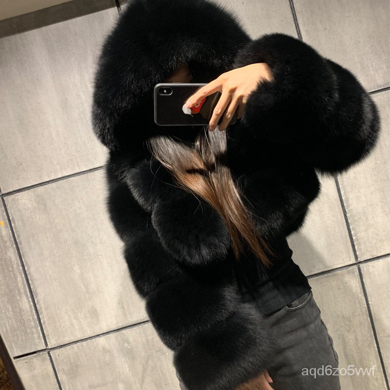 Imitation Fox Fur Long Sleeve Fur Coat Short Hooded Faux Fur Coat Stitching Women's Coat 8ZKL
