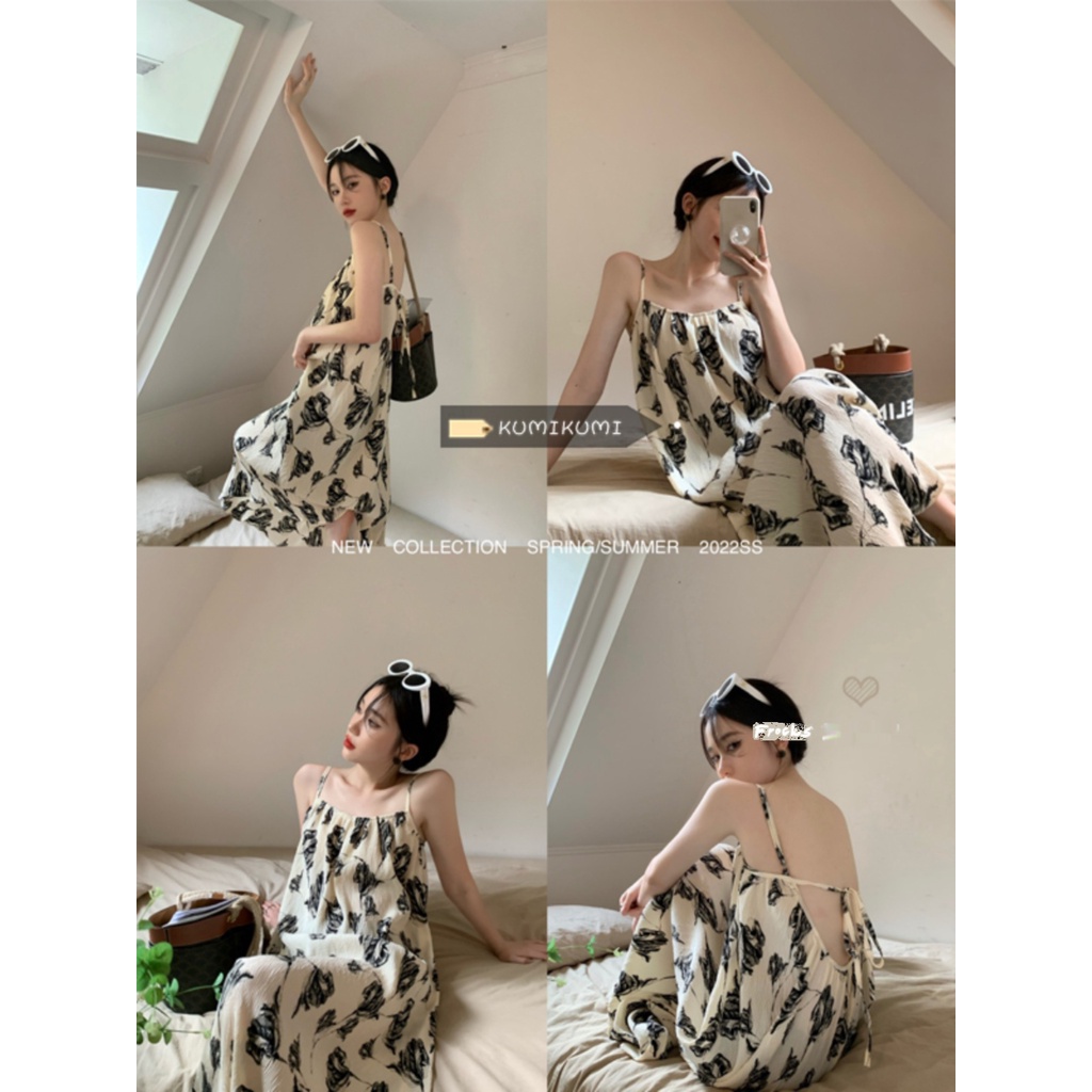 ✟☃❖dress summer beach ink printing small sling dress female 2023 summer seaside vacation style long skirt sexy backless temperamen skirt