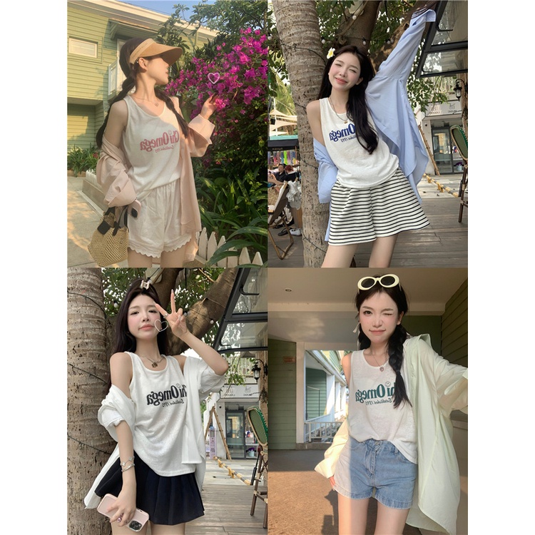 Red Jas angin malas wanita bagian tipis tabir surya jaket kemeja biru surat musim panas tanpa lengan rompi pasang dua potong kasual