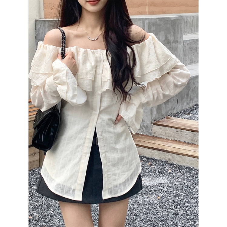 Red Perancis angin lembut one-shoulder mengacak-acak lengan panjang kemeja wanita musim panas pinggang slim strapless shirt slim top