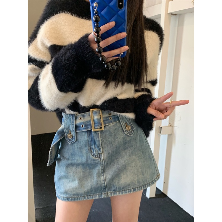 Red Spice Girl Pinggang Tinggi Rok Retro Denim Rok Musim Panas Tas Pinggul Rok Rok A-line Wanita Rok Desain Rasa Niche Rok