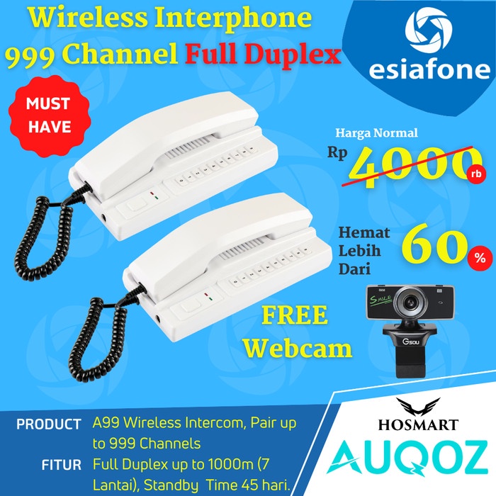 AUQOZ A99 FULL DUPLEX WIRELESS INTERPHONE / INTERCOM STARTER KIT 2 PCS ORIGINAL TERBARU