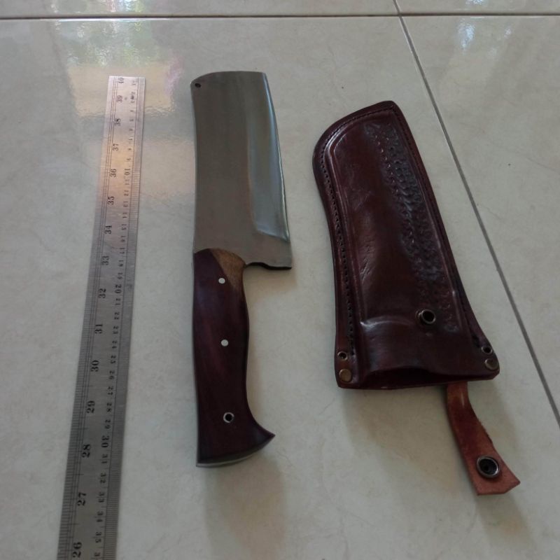 Pisau Cacah Daging/Tulang Fulltang Sarung Kulit Bermotiv Berkualitas