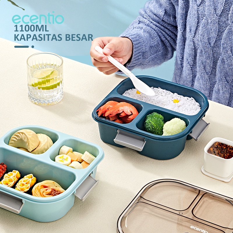 ecentio tempat makan set anak 3 Sekat 850ml/1100ml free sendok/Free BPA Biru/Hijau/tempat makan anti tumpah/disegel Kotak anti tumpah/Tepak makanan