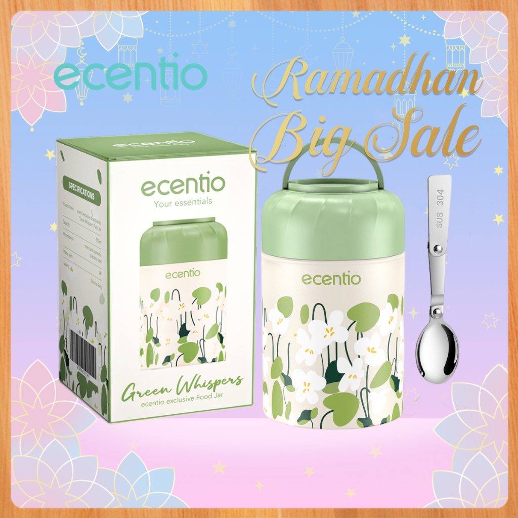 ecentio termos air panas anti tumpah portable TAHAN 24hrs 500ml food jar Termos Makanan dan Sendok lipat berbahan stainless Green Wispers seri