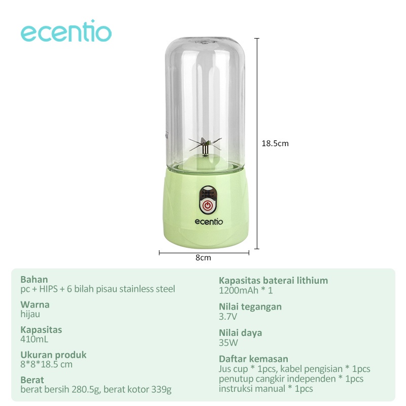 ecentio 6 Mata Pisau 410ml Portable Blender Hijau Juicer Jus Blander/Blender Mini USB Rechargeable