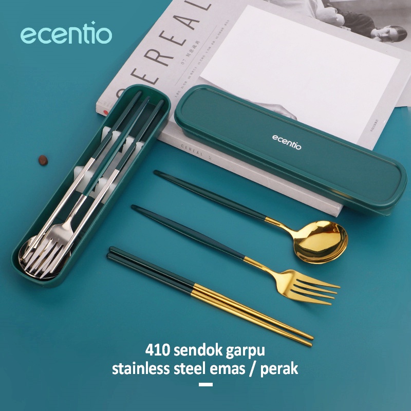 ecentio Set alat makan 2/3/4pcs Travel Cultery Sendok Garpu Sumpit Jerami Wheat Straw Sendok Garpu Set sendok stainless/plastik 3 In 1