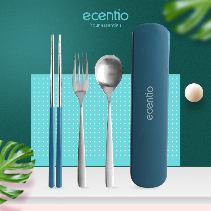 ecentio 3pcs Sendok Makan Dengan Kotak Berbahan Stainless Steel Sumpit Sendok Grapu Set