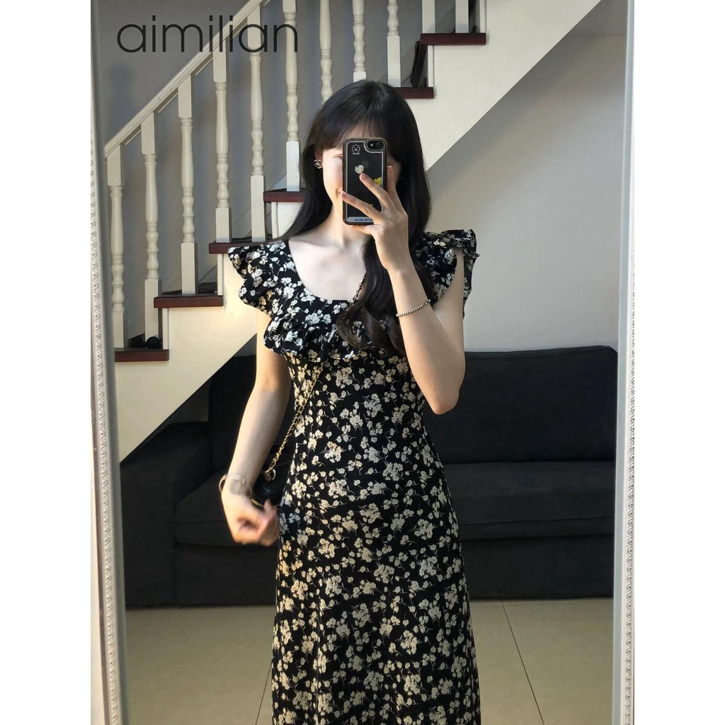 dress floral korea aimilianDress Musim Panas Wanita Hitam Shivering2023aKata Bertali Panjang Gaun