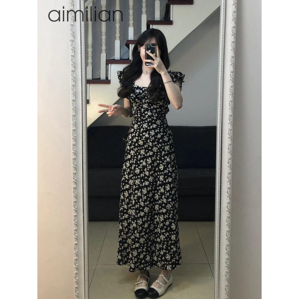 dress floral korea aimilianDress Musim Panas Wanita Hitam Shivering2023aKata Bertali Panjang Gaun