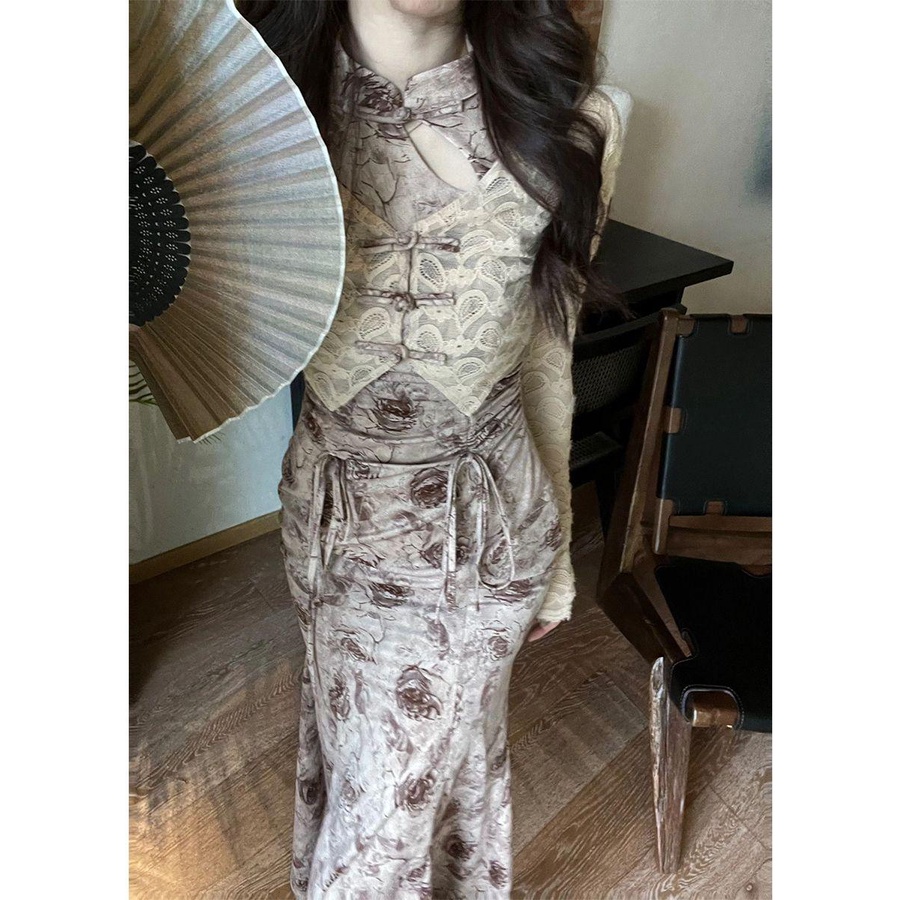 Jas Wanita2023Kardigan Berkancing Katak Renda Retro Musim Semi, Set Dua Potong Gaun Tiongkok Baru Mo