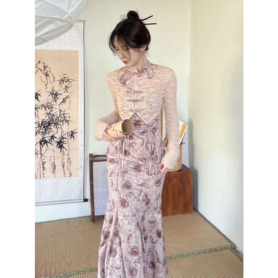 Jas Wanita2023Kardigan Berkancing Katak Renda Retro Musim Semi, Set Dua Potong Gaun Tiongkok Baru Mo