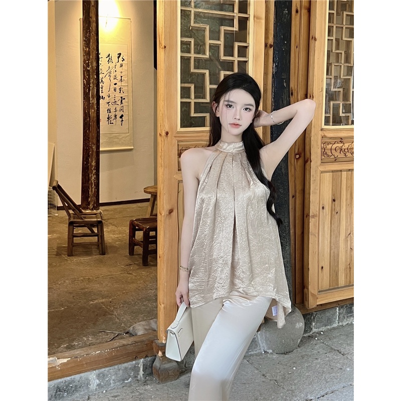┅❖✇celana wanita impor high-end menggantung desain leher ceruk kemeja wanita musim panas 2023 baru tanpa lengan kemeja lipit mid-length top celana wanita celana highwaist