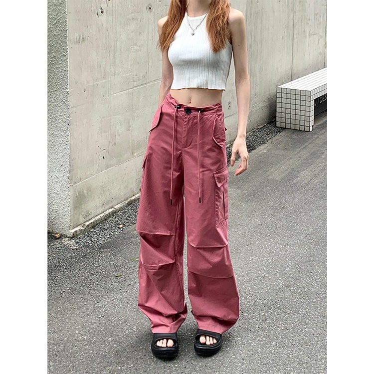 ♘✠celana wanita import pink Amerika overall wanita musim panas tinggi pinggang kasual celana lurus slim celana serut lebar kaki mengepel celana celana wanita celana highwaist