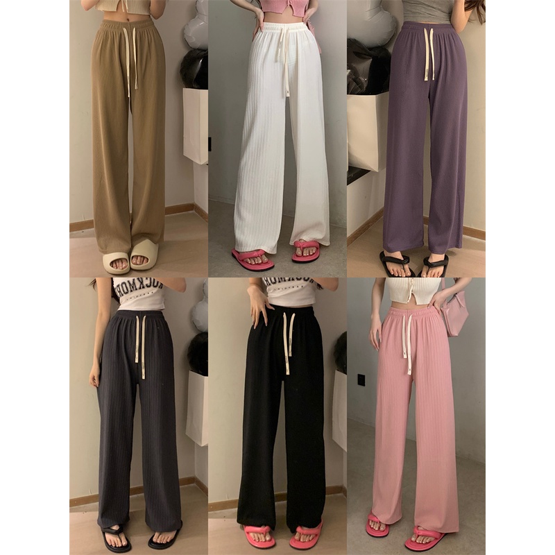 ஐ▽celana wanita import pink tinggi pinggang serut celana kasual wanita musim panas celana tipis lurus berkaki lebar slim temperamen drape mengepel celana celana wanita celana highwaist