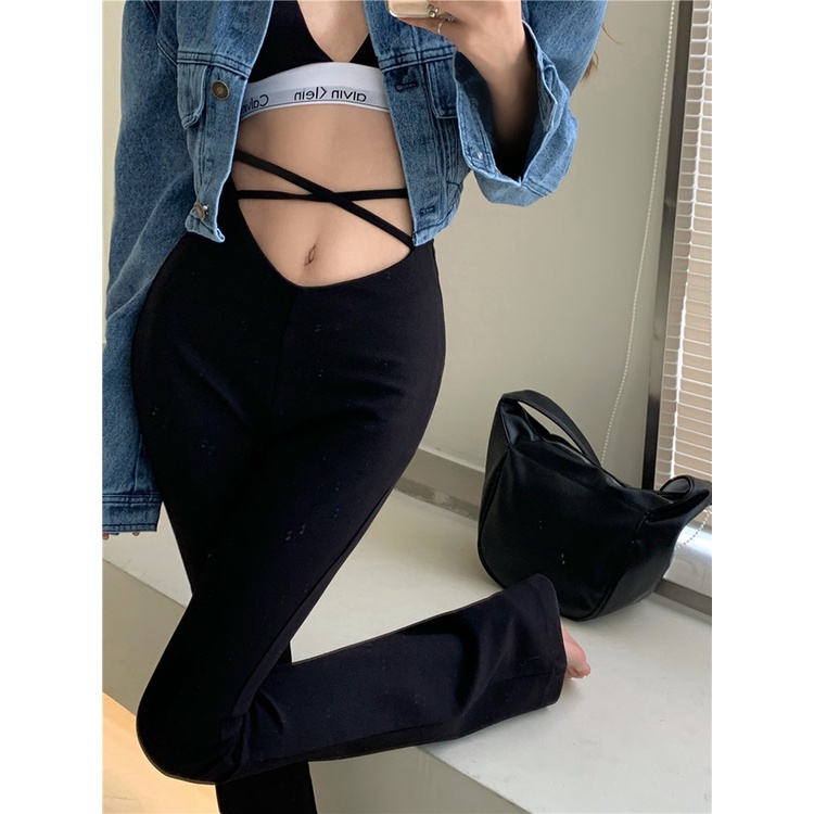 □►✺celana wanita import bootcut celana wanita hitam tali drape lebar kaki celana 2023 musim panas baru pinggang tinggi slim pel celana wanita celana highwaist