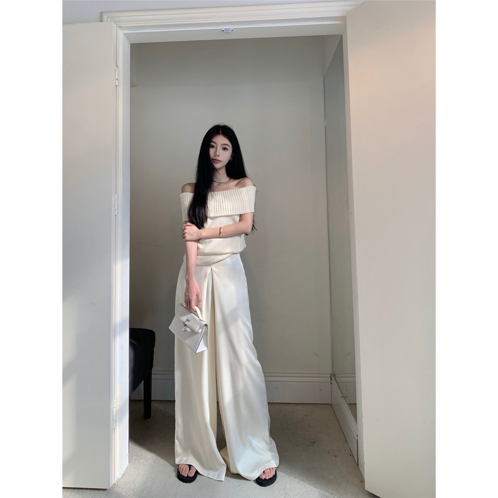 ✌✴celana wanita impor retro temperamen aprikot one-shoulder lengan pendek sweater wanita musim panas bagian tipis t-shirt slim off-shoulder short top celana wanita celana highwaist
