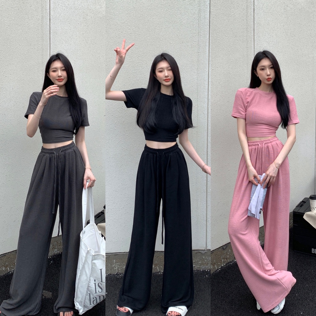 ♣celana wanita import versi korea pink serut celana kasual wanita musim panas bagian tipis pinggang tinggi longgar lebar kaki celana lurus celana mengepel celana celana wanita celana highwaist