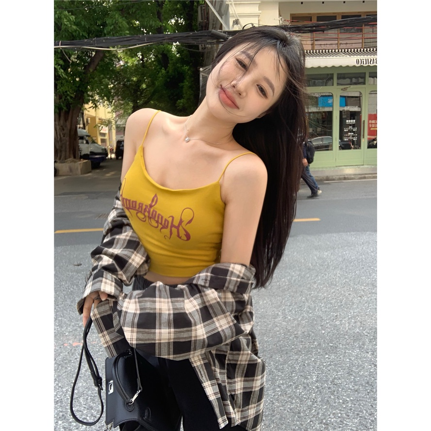 ∋celana wanita impor dicetak vest with chest pad small suspenders for women in summer wear yellow slim fit short short sweet hot girl top pants wanita celana highwaist