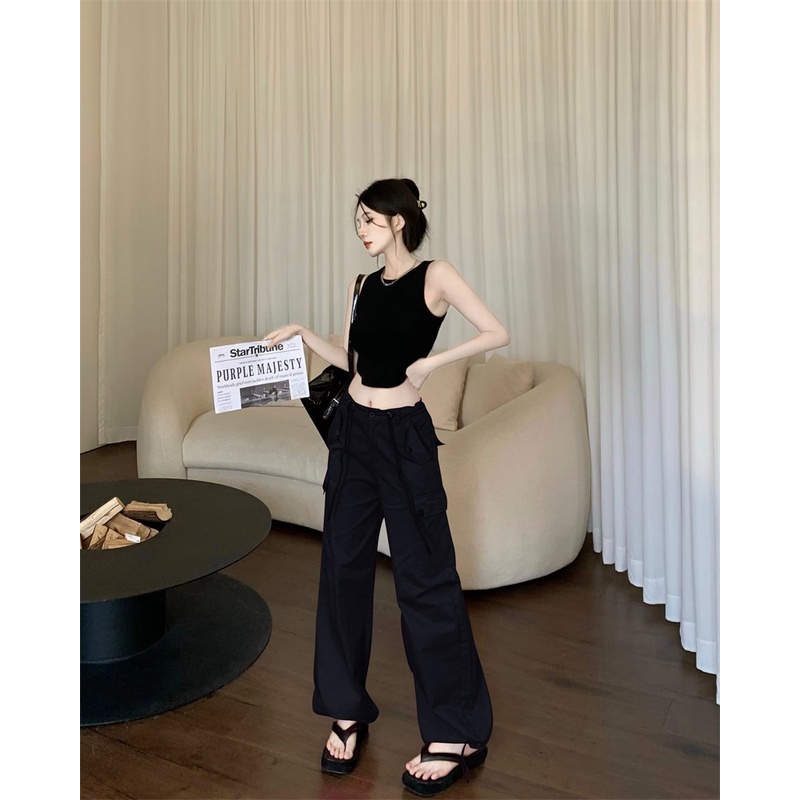 ❃♞celana wanita import mawar merah serut kasual celana wanita musim panas gaya amerika overall pinggang tinggi longgar lurus celana berkelompok celana lebar kaki celana celana wanita celana highwaist