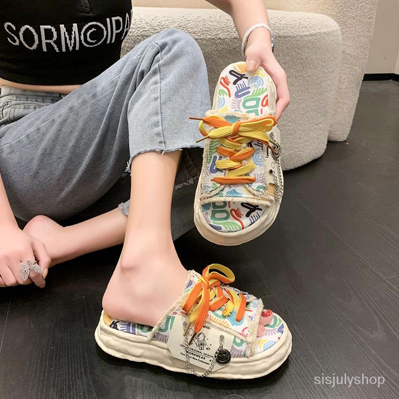 [✅BISA COD] #Sisjuly# Sepatu Flat Wanita / Sandal Wanita / Sepatu Pantai Graffiti Tali Silang Bawah