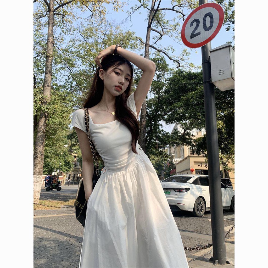 dress floral korea Musim Panas Lengan PendekTGaun Kaus Wanita Prancis Jahitan Kerah Persegi, Baju Pe