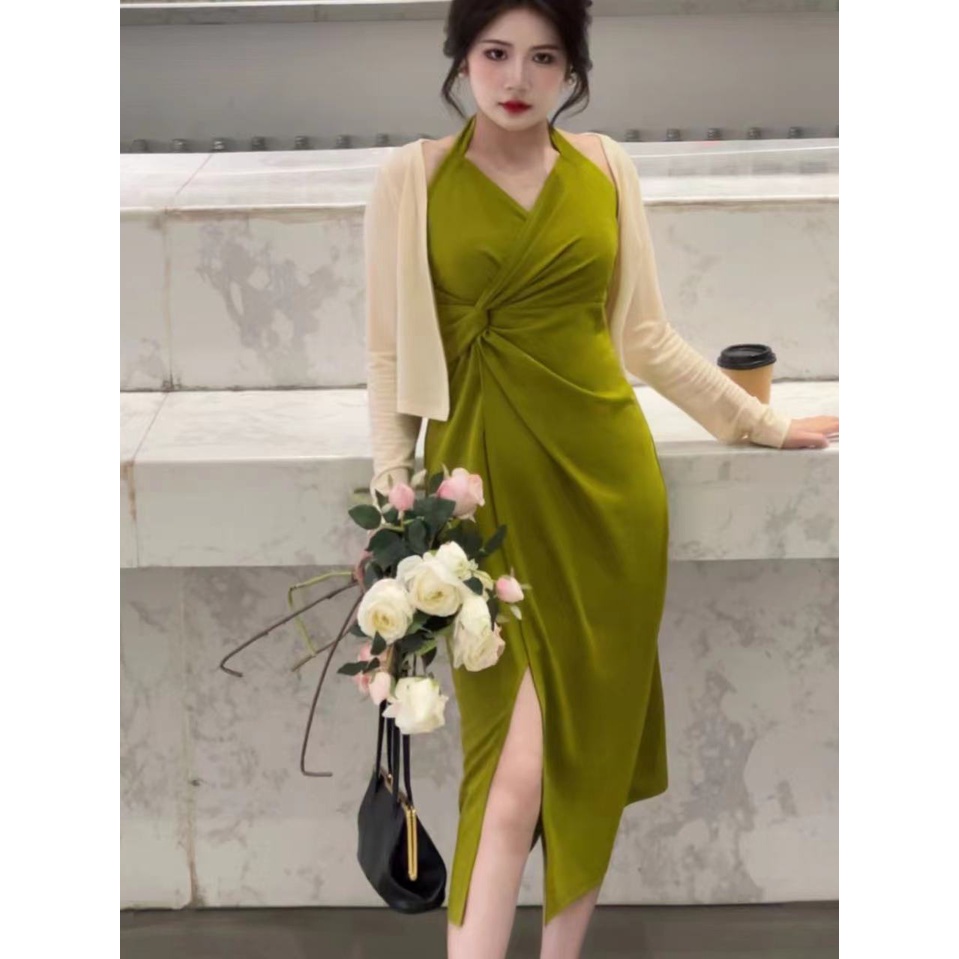 dress floral korea 2023Gaun Pas Badan Halter Retro China, Gaun Musim Semi Ukuran Plus+Cardigan Setel