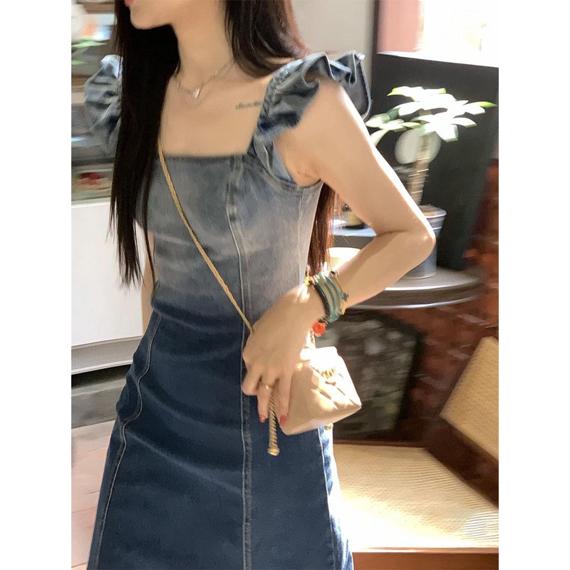 dress floral korea 70【Laut Dalam dan Biru】Gaun Berjumbai Lengan Terbang Wanita, Gaun Denim Gradien S