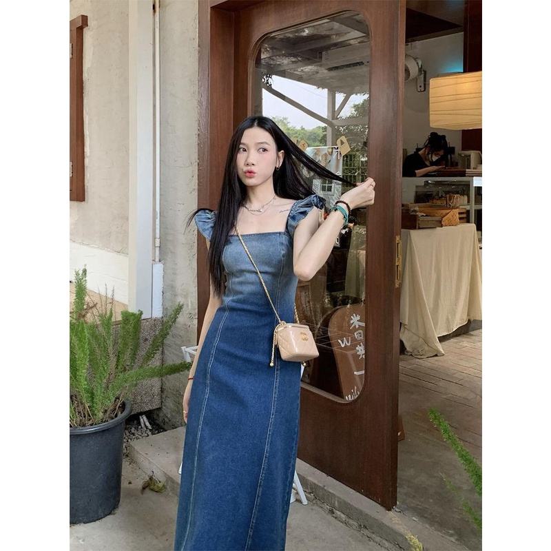 dress floral korea 70【Laut Dalam dan Biru】Gaun Berjumbai Lengan Terbang Wanita, Gaun Denim Gradien S