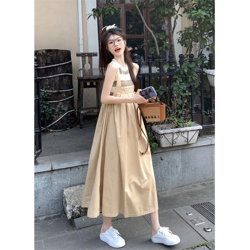 Red Strap dress wanita musim panas gaya baru kecil retro pinggang mid-panjang desain rok tie-up