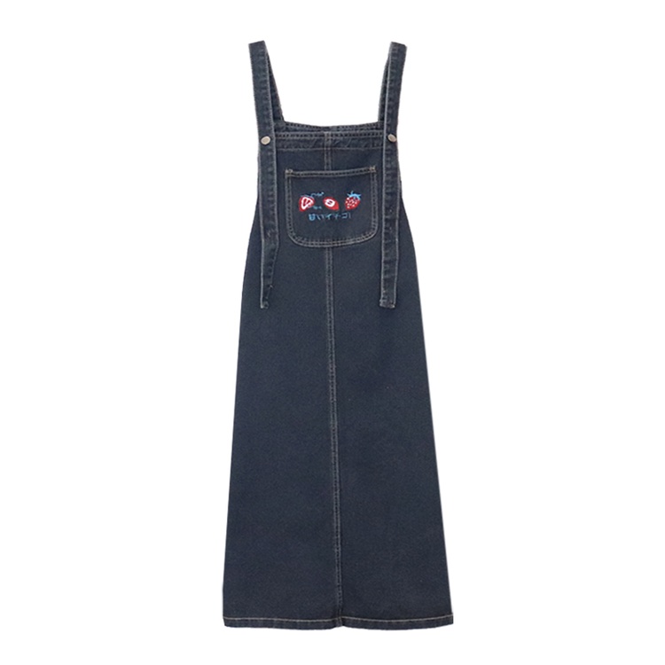 Red Denim suspender rok musim panas 2023 versi Korea baru lucu rok longgar mid-panjang mahasiswa gaun perempuan in