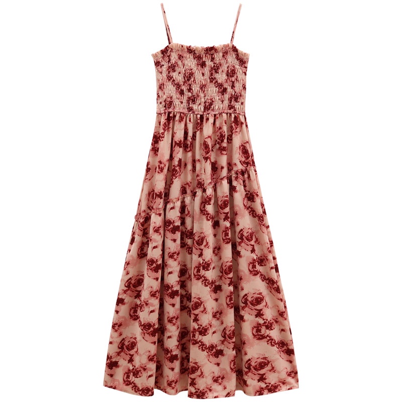 Red French rose print strap suspender dress women s summer 2023 new holiday style pleated waist long skirt