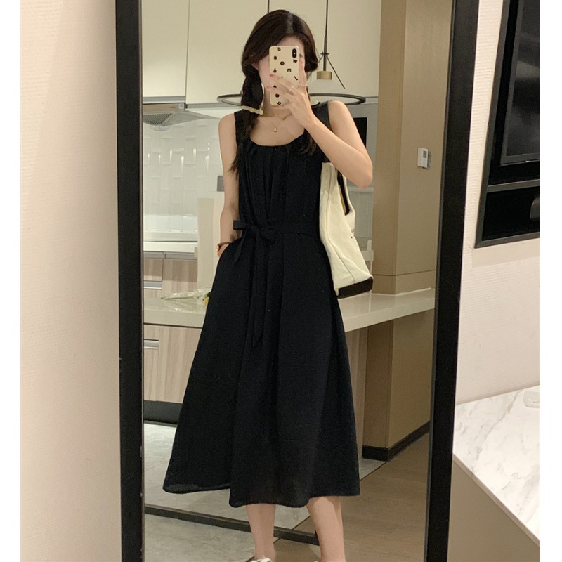 Red Suspender dress 2023 musim panas baru gaya Korea gaya malas longgar ikat pinggang pelangsing tanpa lengan rok panjang wanita