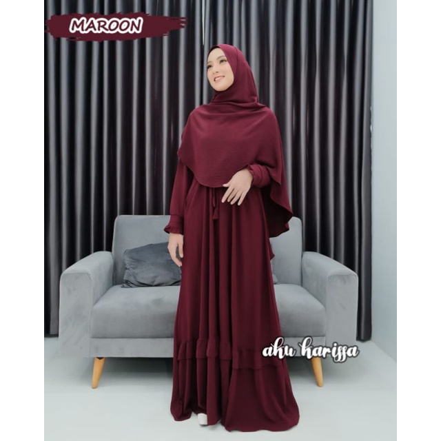 Gamis set khimar KHALINDRA KASANDRA original Aku Karissa cringkle itycrepe terbaru OOTD lebaran series seragaman syari polos renda estetik