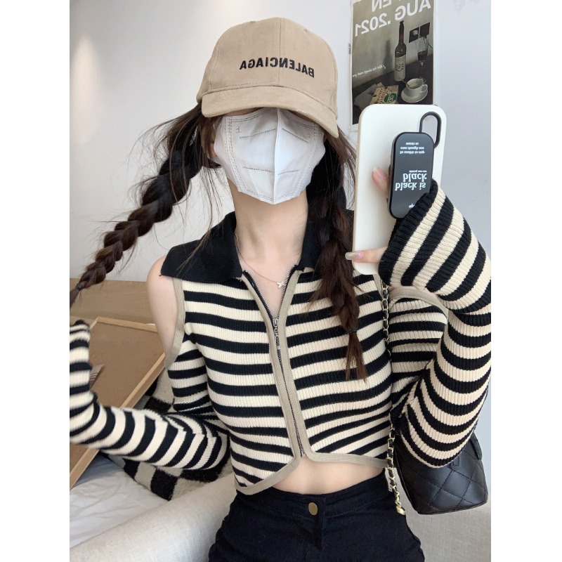 Red Retro hot girl striped POLO collar knitted cardigan female spring 2023 new off-the-shoulder long-shoulder short bm top tide