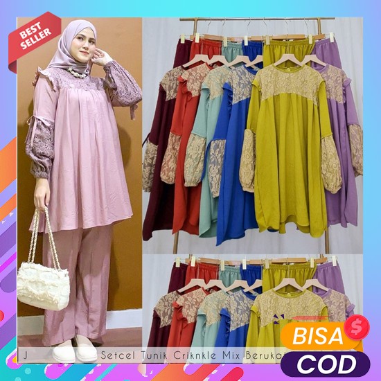 Setelan Wanita Terbaru Kanaya Set Baju Wanita Kekinian Setelan Crinkle Setcel Tunik Crinkel Mix Br