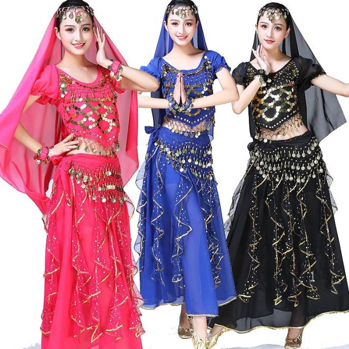 KOSTUM SET ROK BELLY DANCE TARI PERUT TAMBORIN INDIAN SKIRT GLITTER