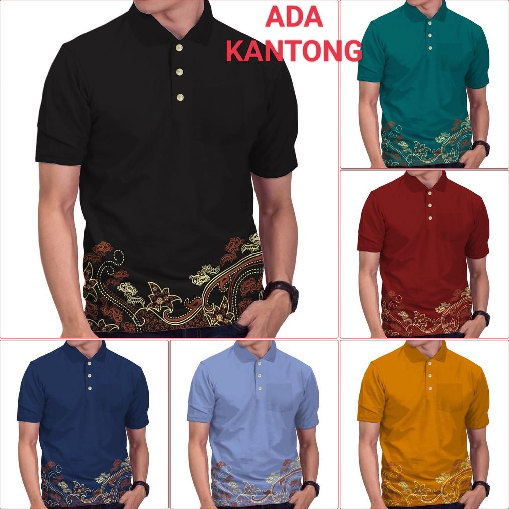 (Bayar Ditempat) RED SKULL Kaos Kerah Polo Katun Batik Bunga Bawah Ada Kantong ..