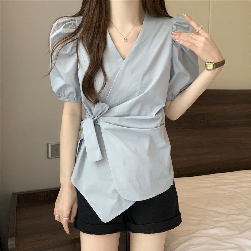 Kemeja lengan pendek V-neck bubble baru musim panas