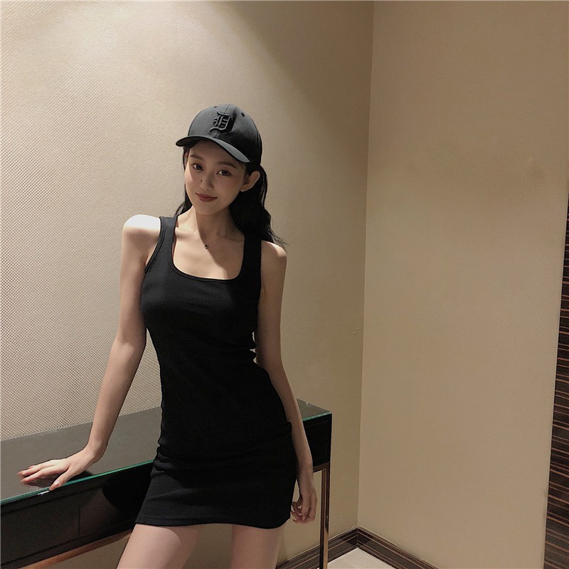 ◊♝gaun musim panas pantai retro tanpa lengan rompi gaun abu-abu gaun wanita musim semi gadis slim slim paket hip rok pendek